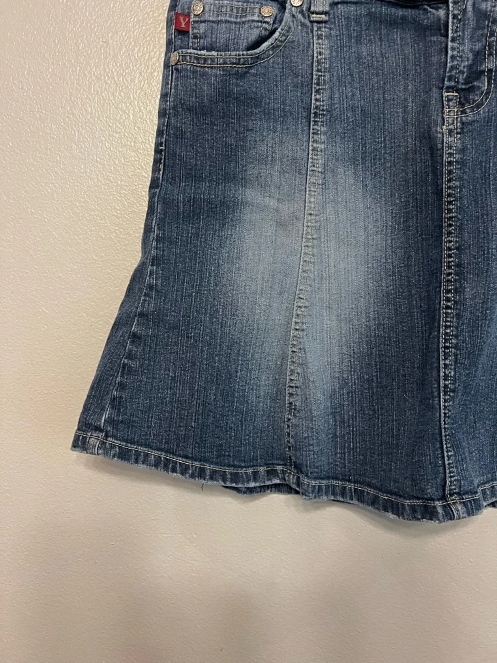 Ymi jeans‎ Y2K Juniors Washed Blue Denim A-Line Skirt Size 5 Distressed Fade